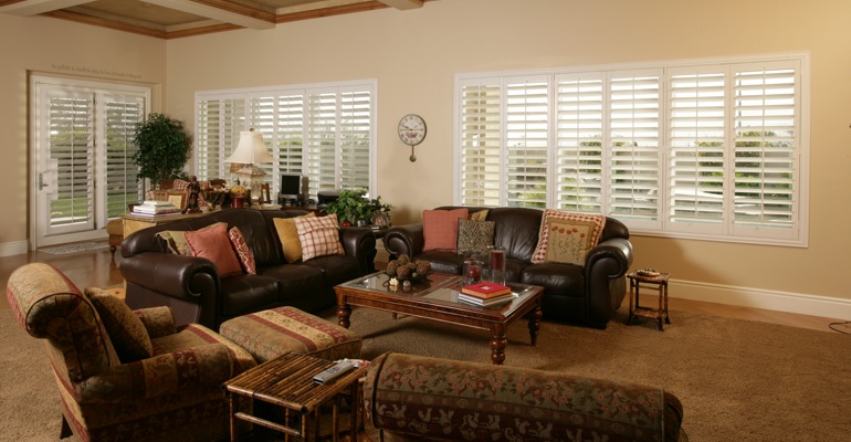 New Brunswick great room with polywood shutters.